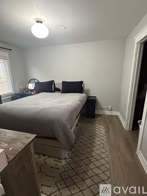 A bedroom with a bed, nightstand, and a rug.