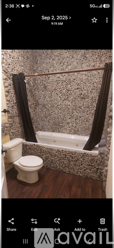 A bathroom with a toilet, a bathtub, and a shower curtain.