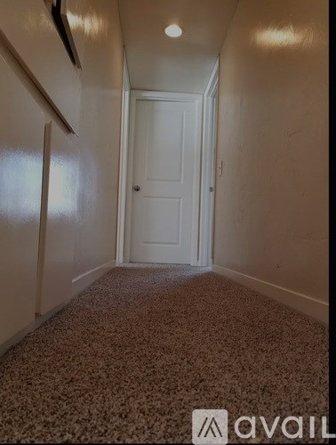A hallway with a carpeted floor and a door at the end.