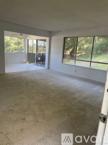 A room with a carpeted floor and a sliding glass door.