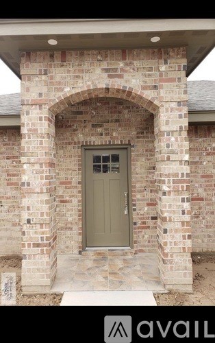 A brick archway with a door in the middle.