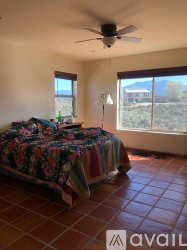 A bedroom with a bed and a ceiling fan.