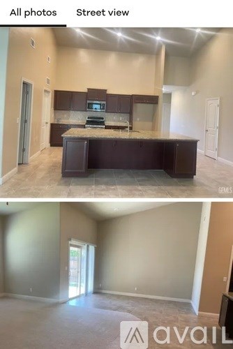 Two images of an empty house with a kitchen and living room.