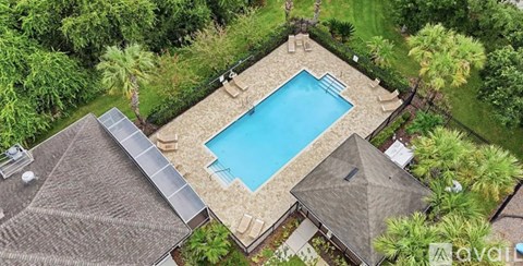 A swimming pool surrounded by a stone wall and palm trees.