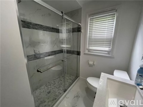 A bathroom with a glass shower stall and a toilet.