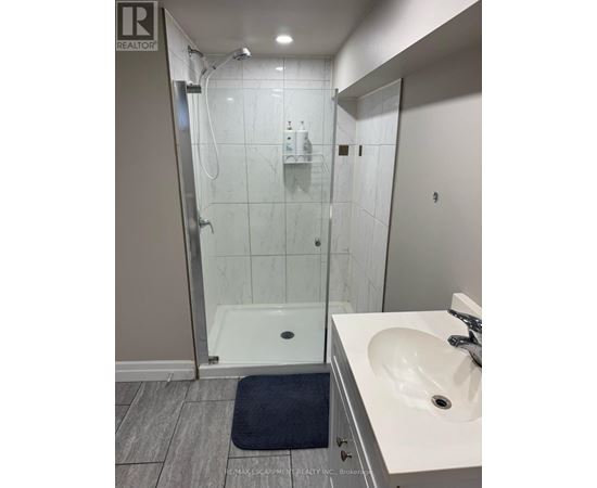 A bathroom with a sink, mirror, and walk-in shower.