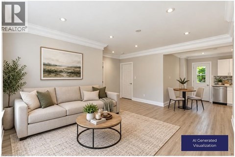 A living room with a couch, a coffee table, and a painting on the wall.