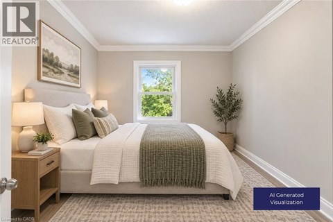 A well-lit bedroom with a large bed and a window showing greenery outside.