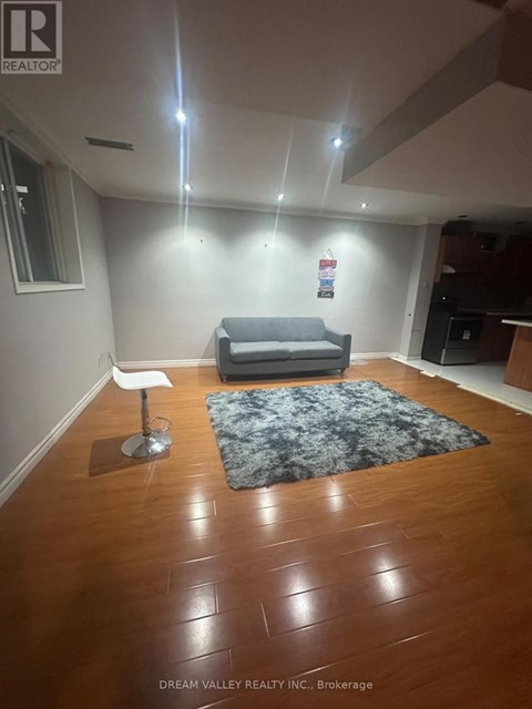 A living room with a grey couch and a black and white rug.