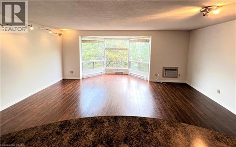 A room with a brown rug and wooden flooring.