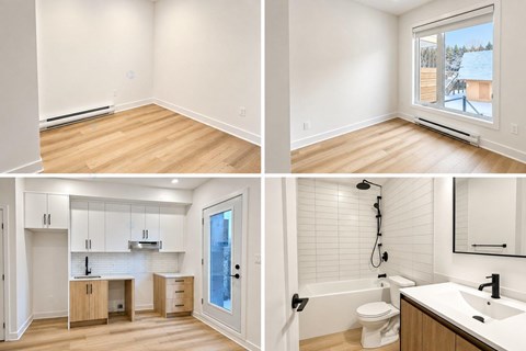 A white bathroom with a toilet, sink, and shower.