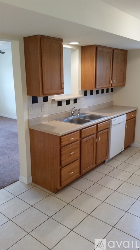 A kitchen with wooden cabinets and a white sink.