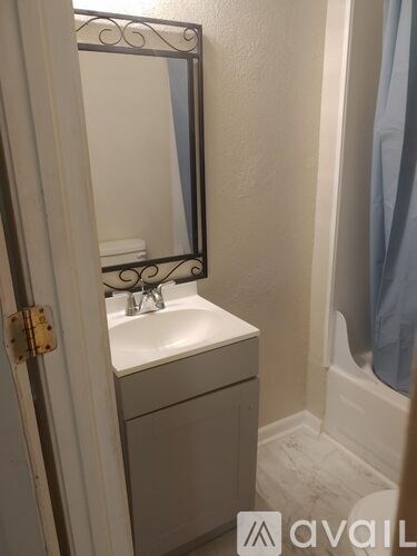A bathroom with a white sink and a mirror.