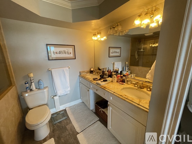 A bathroom with a toilet, sink, and mirror.