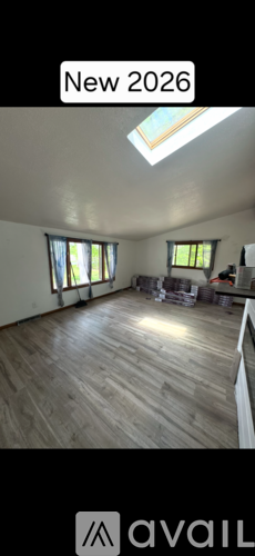 A room with wooden flooring and a skylight.
