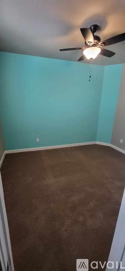 A room with a ceiling fan and brown carpet.