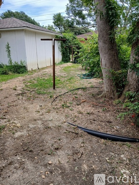 A dirt path leads to a white shed with a brown roof.