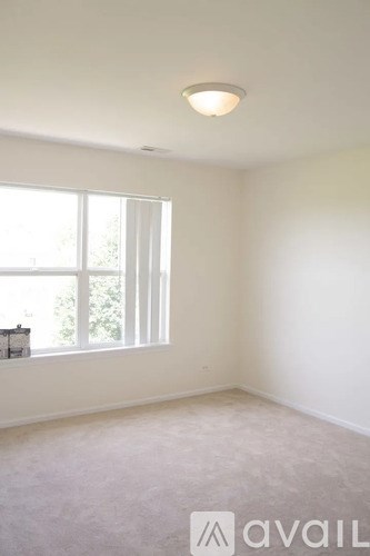A room with a window and a carpeted floor.