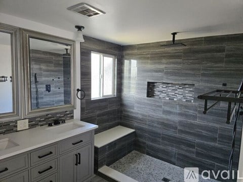 A bathroom with a walk-in shower and a vanity with a mirror.