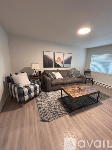 A living room with a grey sofa, a checkered chair and a wooden coffee table.