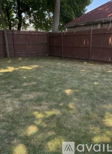 A backyard with a brown fence and green grass.