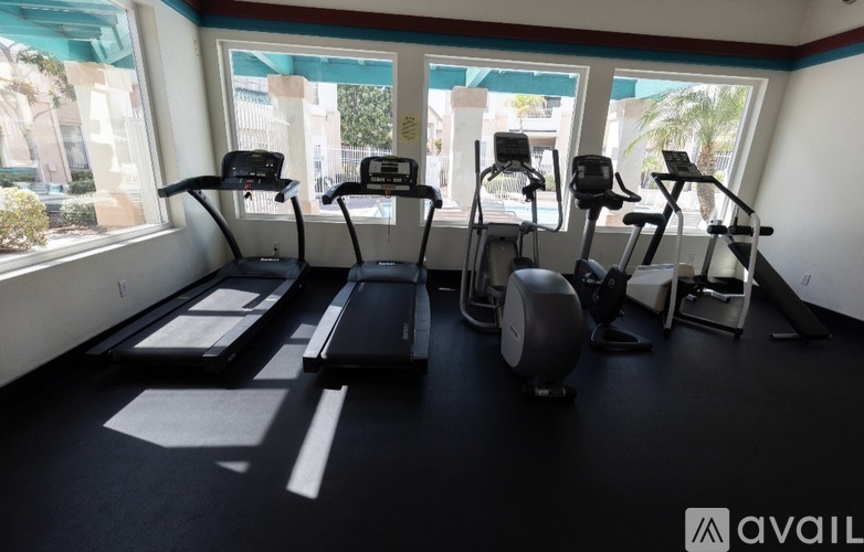 A gym with treadmills, elliptical machines, and stationary bikes.