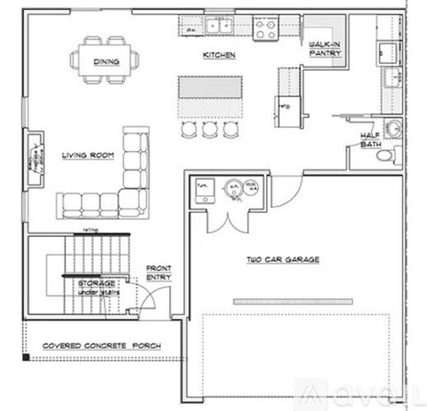 A black and white image of a house floor plan with a living room, kitchen, pantry, dining area, half bath, two car garage, and covered concrete porch.