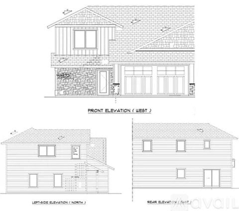 A drawing of a house with three elevation views labeled front, rear, and left-side.