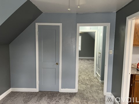 A room with a grey door and a carpeted floor.