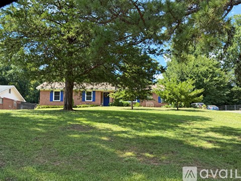 A tree in a grassy area with a house in the background.