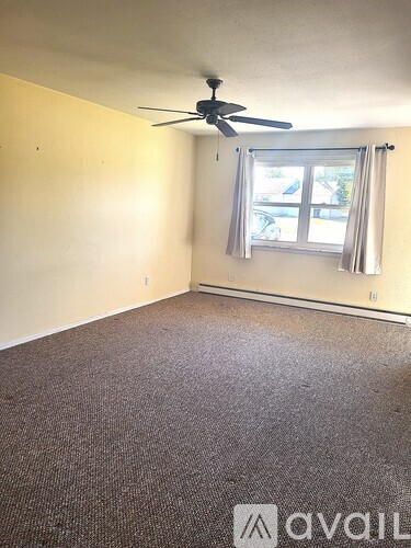 A room with a carpeted floor, a ceiling fan, and a window with curtains.