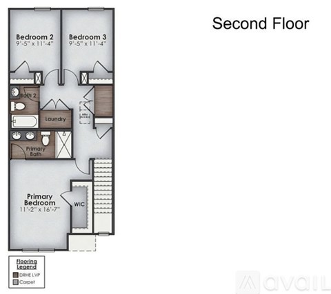 A floor plan of a second floor apartment with two bedrooms and a primary bedroom.