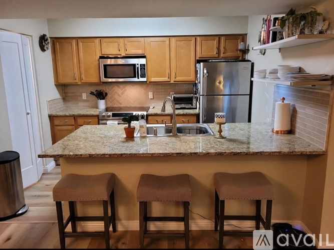 A kitchen with a granite countertop and stainless steel appliances.