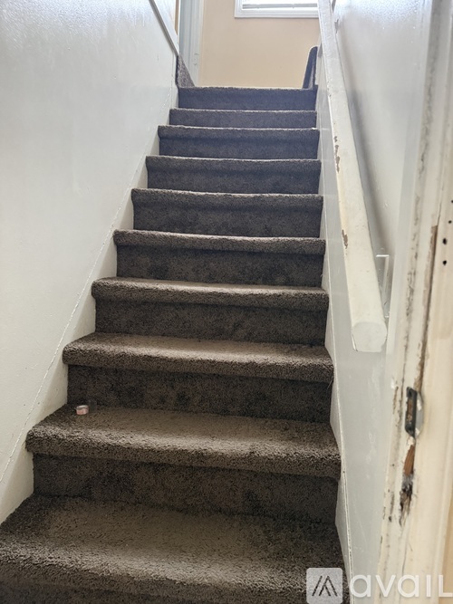 A staircase with a carpeted runner and a white door on the right side.