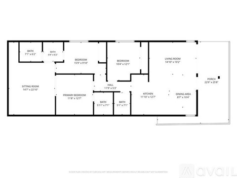 A floor plan of a house with a living room, two bedrooms, two bathrooms, a dining area, and a kitchen.