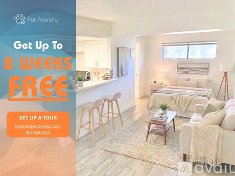 A living room with a couch, chair, and a coffee table is on sale for 8 weeks free.
