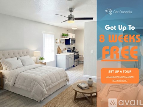A bedroom with a large bed and a ceiling fan, advertising an 8 week free offer.