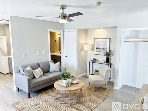 A living room with a grey couch, a coffee table, a chair, and a ceiling fan.