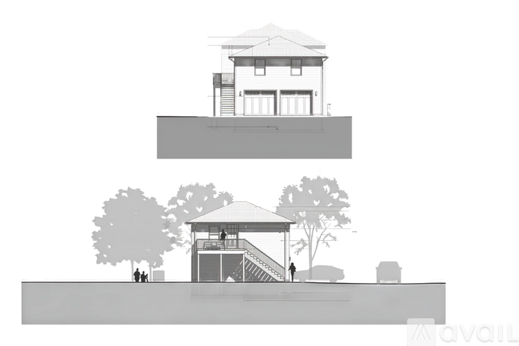 A black and white architectural rendering of a house with a gazebo.