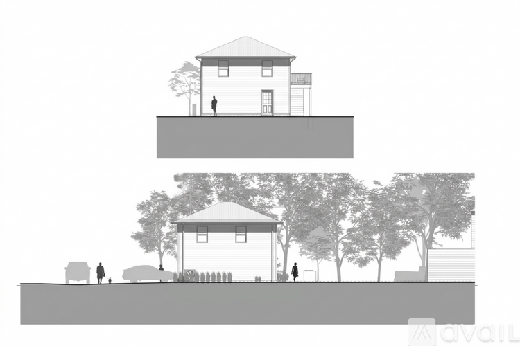 A drawing of a house with a person standing in front of it.
