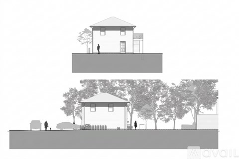 A drawing of a house with a person standing in front of it.
