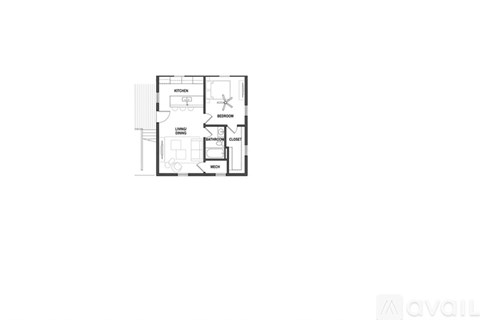 A floor plan of a small apartment with a kitchen, living room, and bathroom.