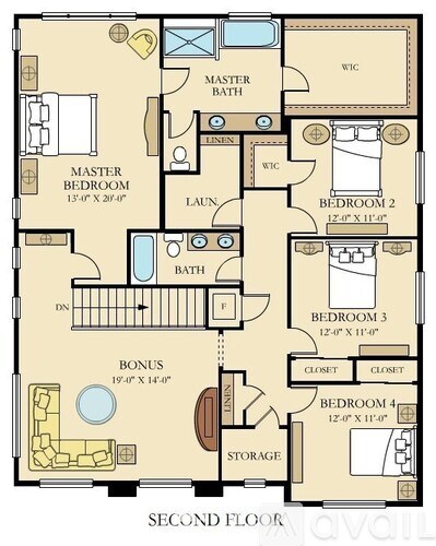 A second floor floor plan with four bedrooms, a bonus room, and a laundry area.