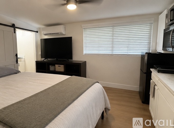 A bedroom with a bed, a television, and a kitchenette.