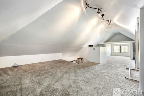A spacious attic room with a skylight and a carpeted floor.