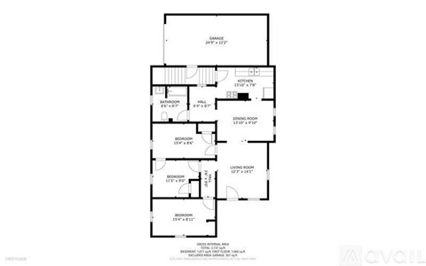 A floor plan of an apartment with a living room, two bedrooms, a bathroom, and a garage.