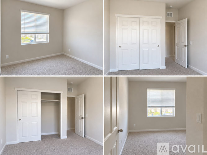 Four images of a room with white doors and carpeted floor.
