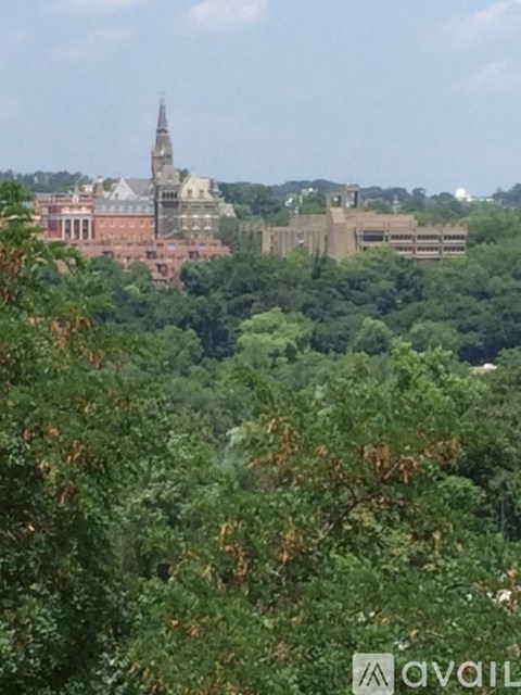 A view of a church and a building through the trees.