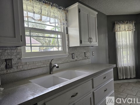 A kitchen with a sink and cabinets.