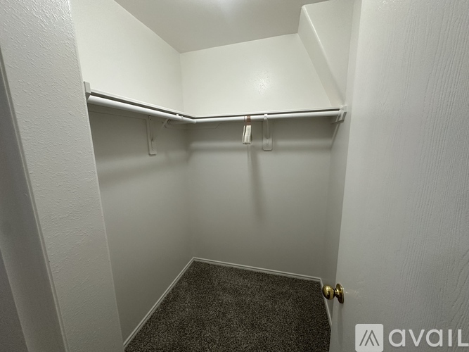 A small, empty closet with a carpeted floor and a single coat hanger.